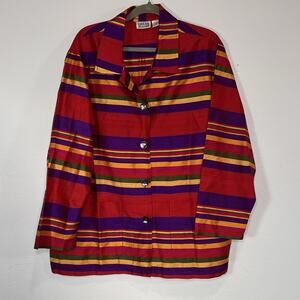 Chico’s Design 100% Silk Jacket Size 3 (XL) Red Purple Striped Button Top VTG